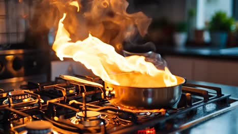 a frying pan on a stove with flames coming out of it