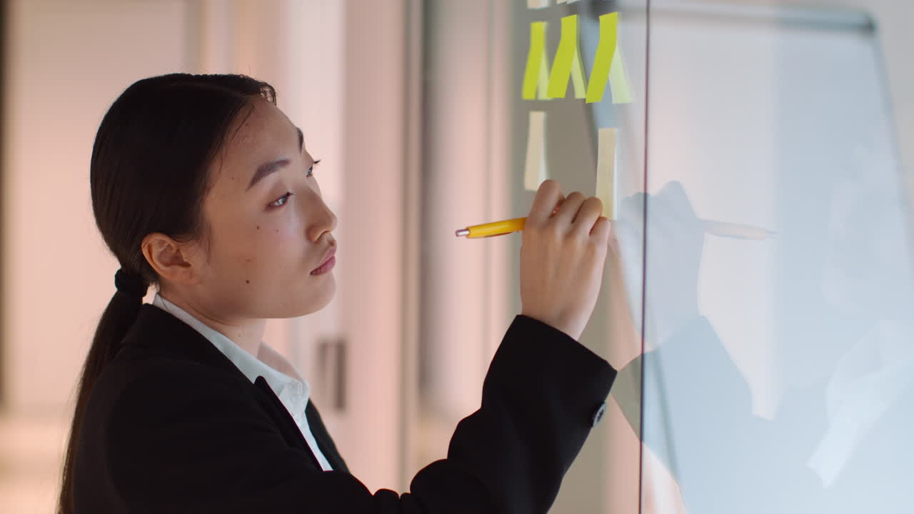 Businesswoman Planning on Glass Board