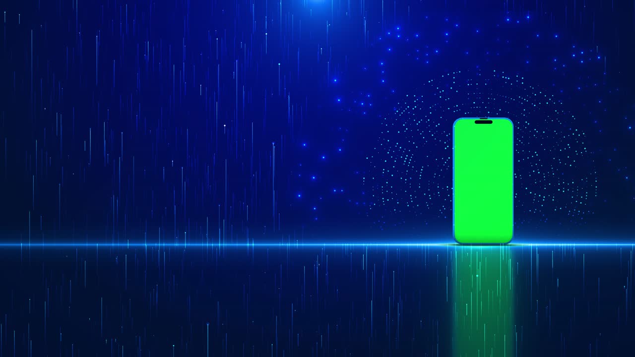 Modern smartphone icon digital landscape light flares rain lines abstract dots creating virtual tech