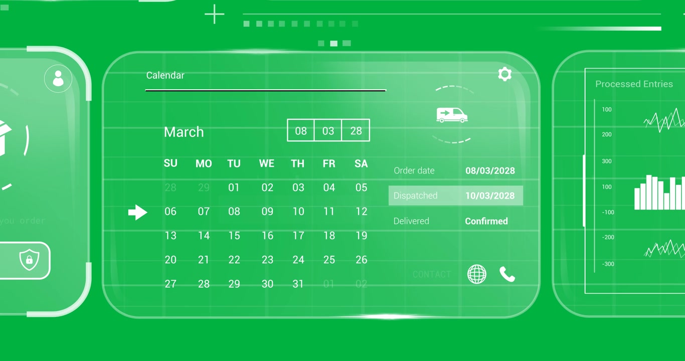 Animation of customer account, order, delivery calendar and status screens on transparent background