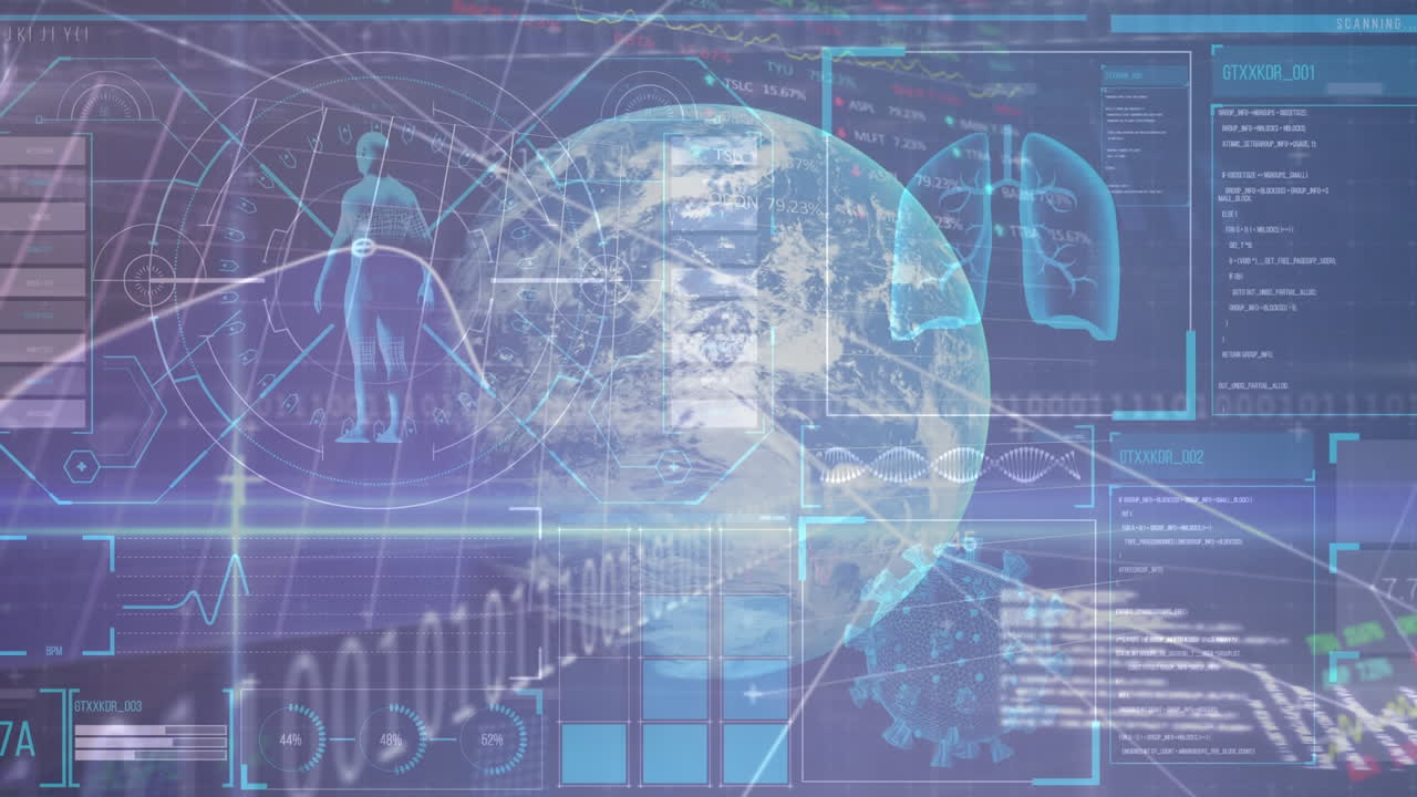 인간 신체 통계의 애니메이션과 지구 회전 및 매크로 코로나19 세포로 데이터 처리가