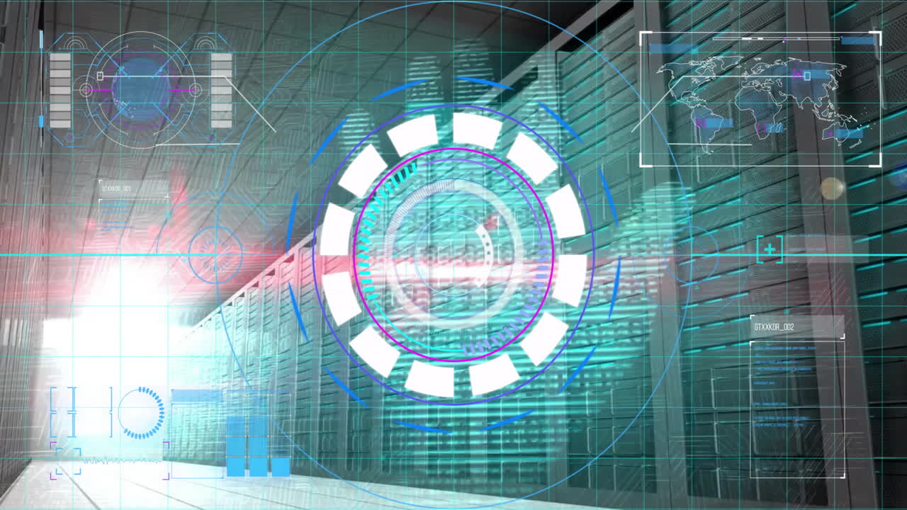 In server room, futuristic digital interface displaying data processing animation