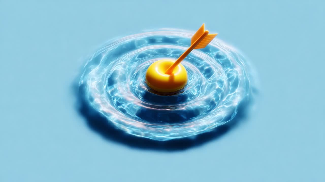 A vibrant yellow buoy with an arrow embedded in it floats serenely on a smooth blue surface, creating ripples in the calm water around it, evoking a sense of tranquility and focus