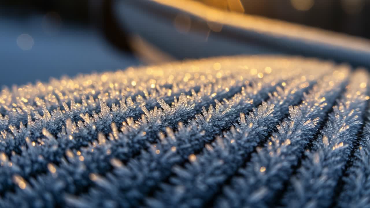 Captivating Close-Up of Frosty Surface Glimmering in Morning Light, Showcasing Nature's Ice Crystals and Shimmering Reflections