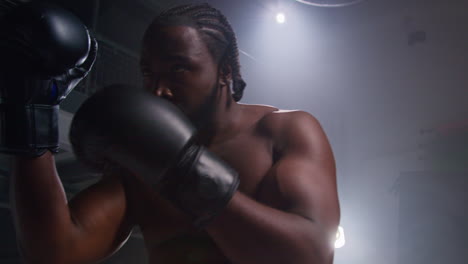 boxer in ring at start of boxing match putting up boxing gloves ready to fight