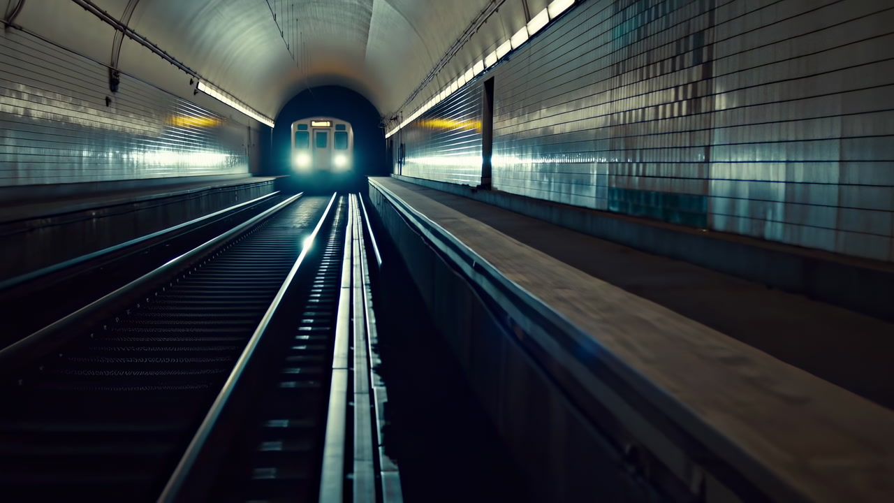 Subway Train Approaching in Dark Underground Tunnel
