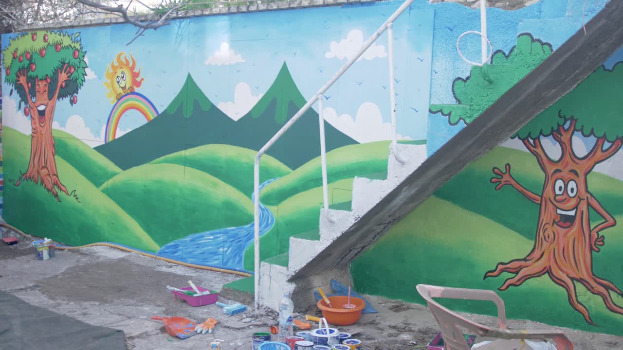 Wide shot vibrant nature scenic mural in kids playground