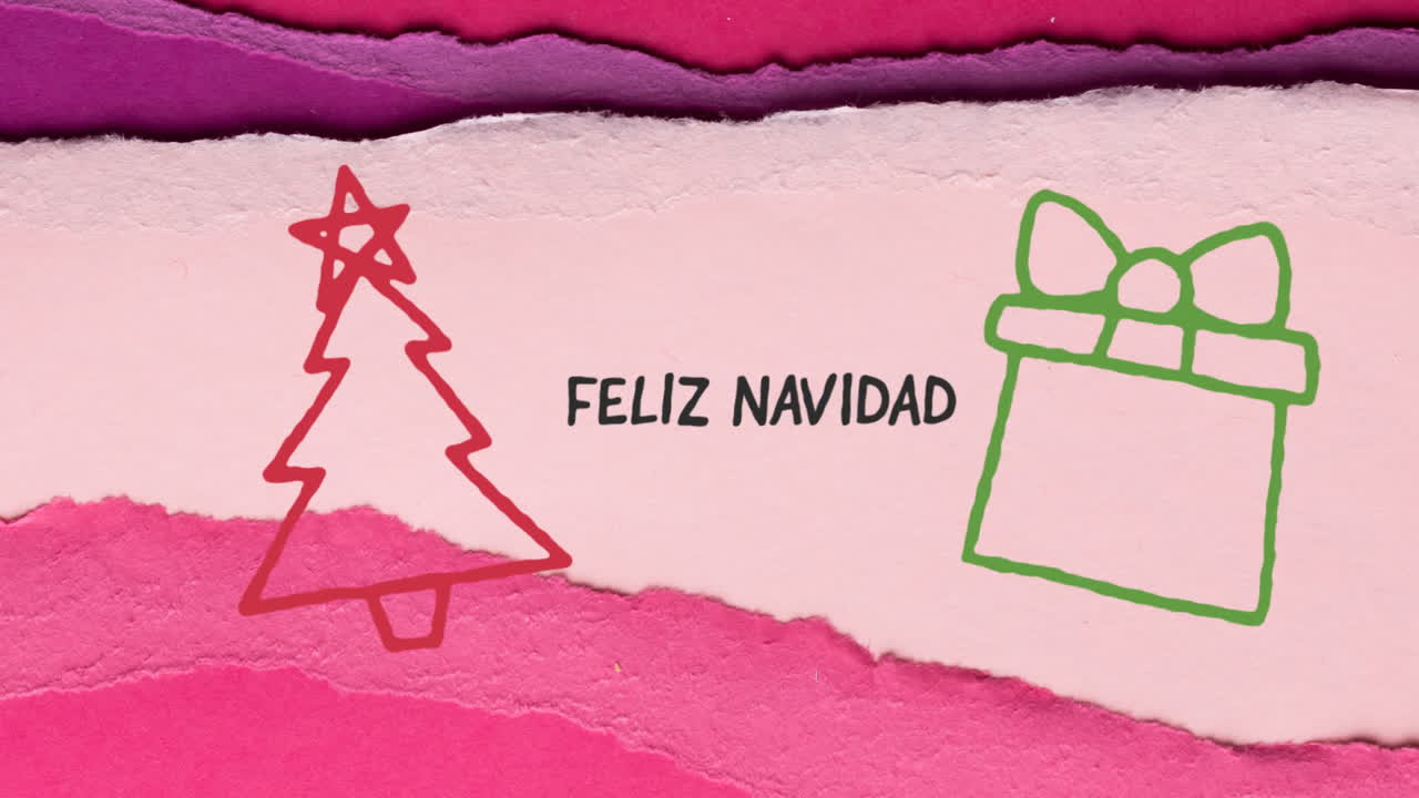 Animation of hand drawing christmas tree and present over feliz navidad text