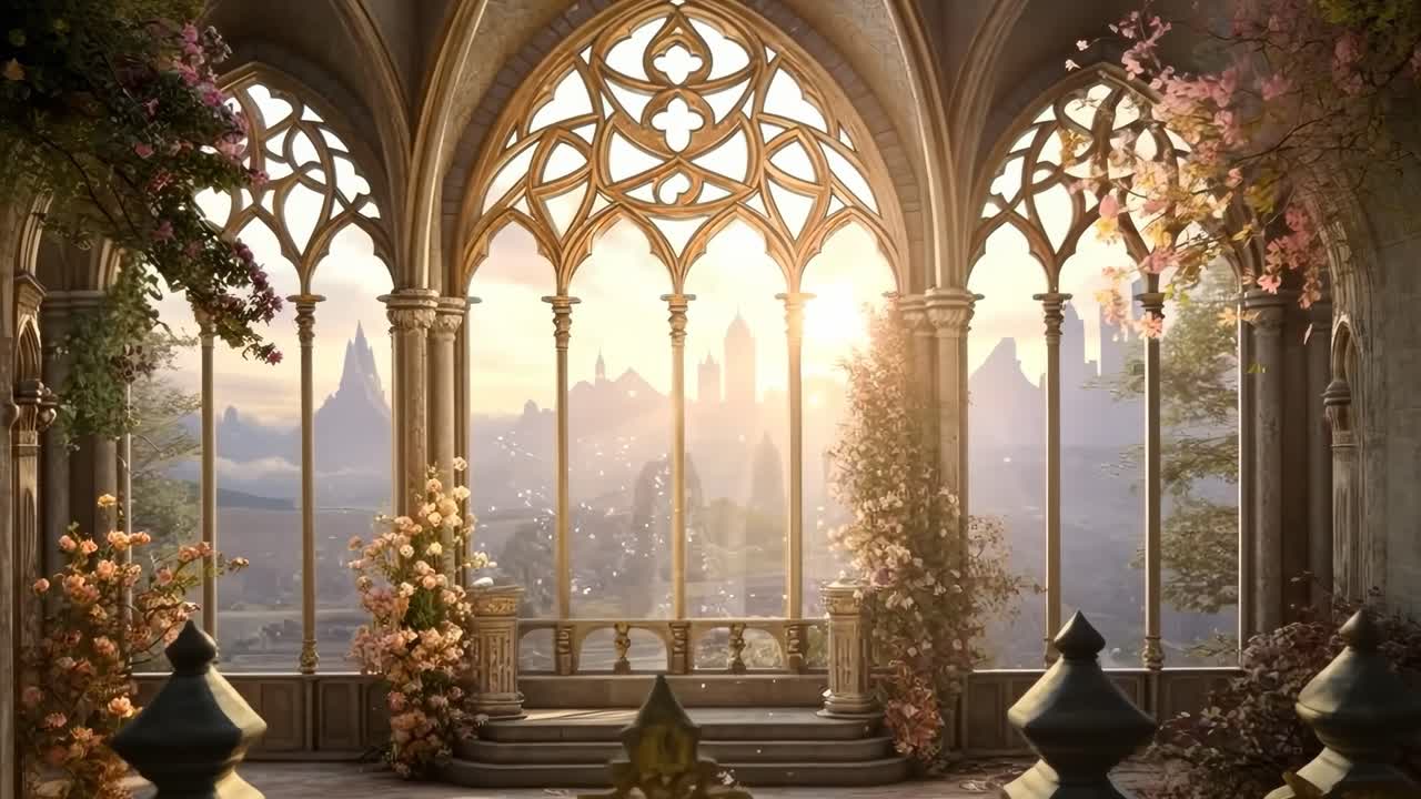 Aerial video angle captures a gothic-style balcony with ornate arches and lush plants