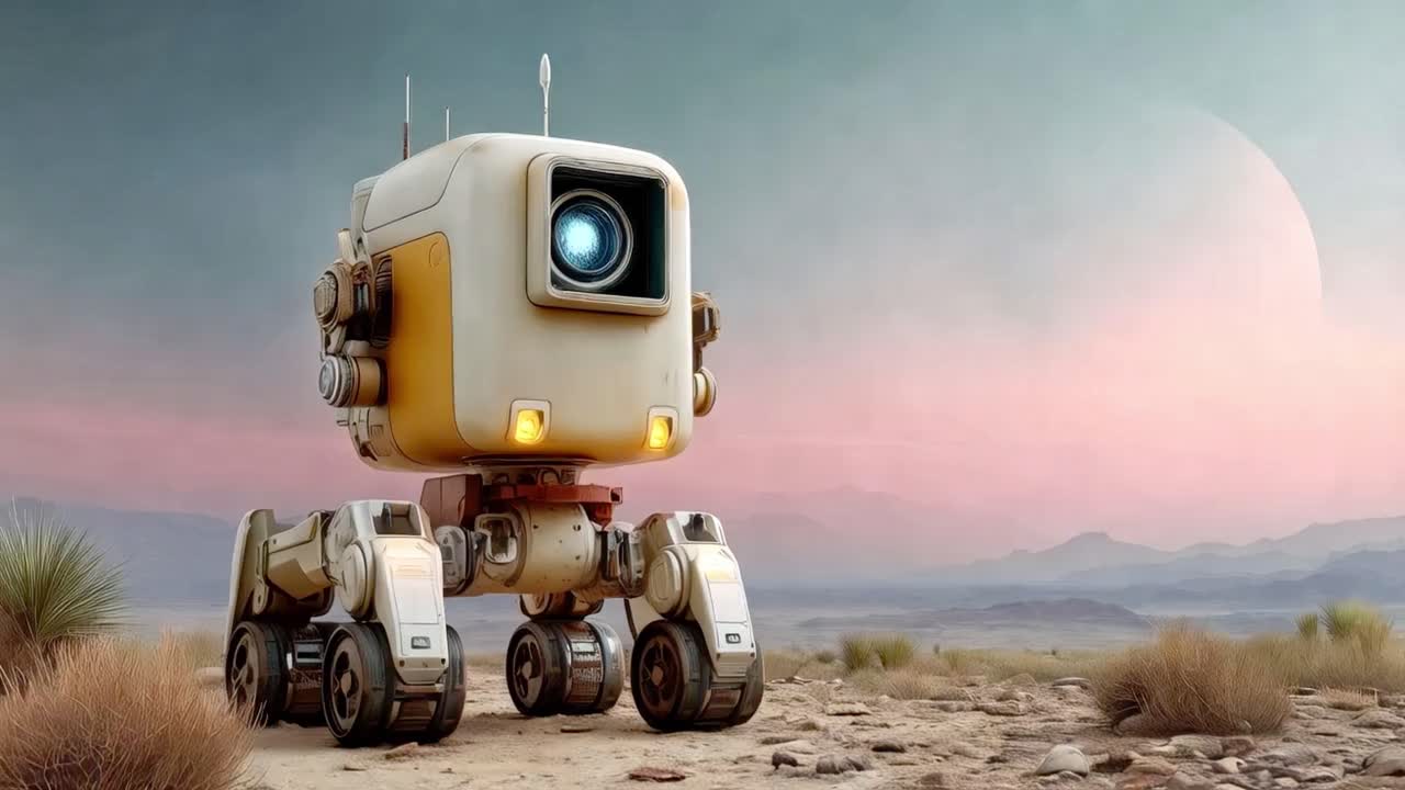 Retro Futuristic Robot Exploring a Desert Landscape