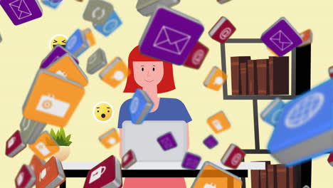 animación de iconos digitales flotando sobre el pictograma de una mujer usando una computadora portátil