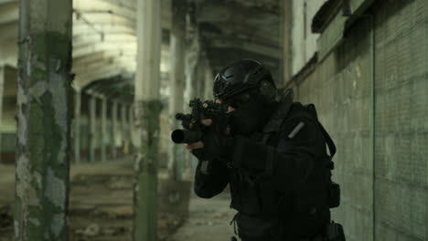 military operative in abandoned factory