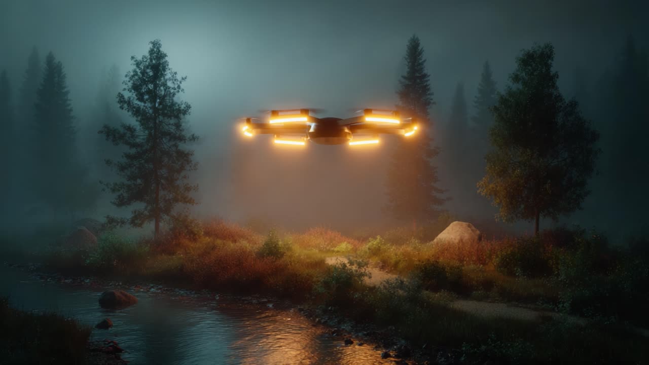 A Mysterious Drone Illuminates the Foggy Forest Landscape as It Glides Over a Serene Stream, Creating an Enigmatic Atmosphere in the Quiet Wilderness