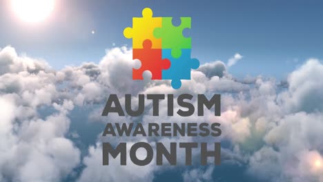 autism awareness month text and jigsaw puzzle forming a square against clouds