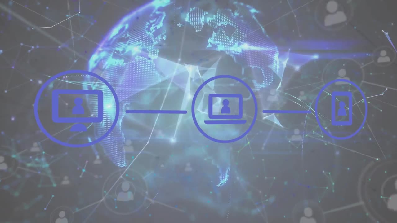 animación de la red de conexiones con iconos y globo sobre fondo negro