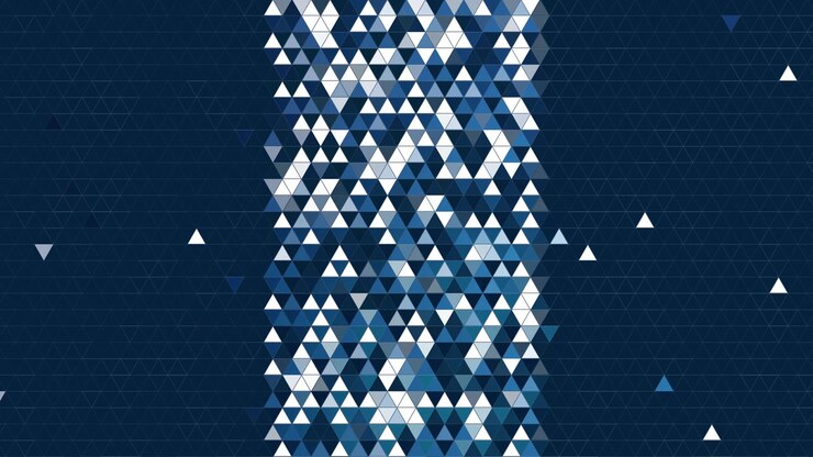 Banner of white grey and blue geometric triangles aligned down the center against a dark navy blue background with copy space. Loop animated frame.
