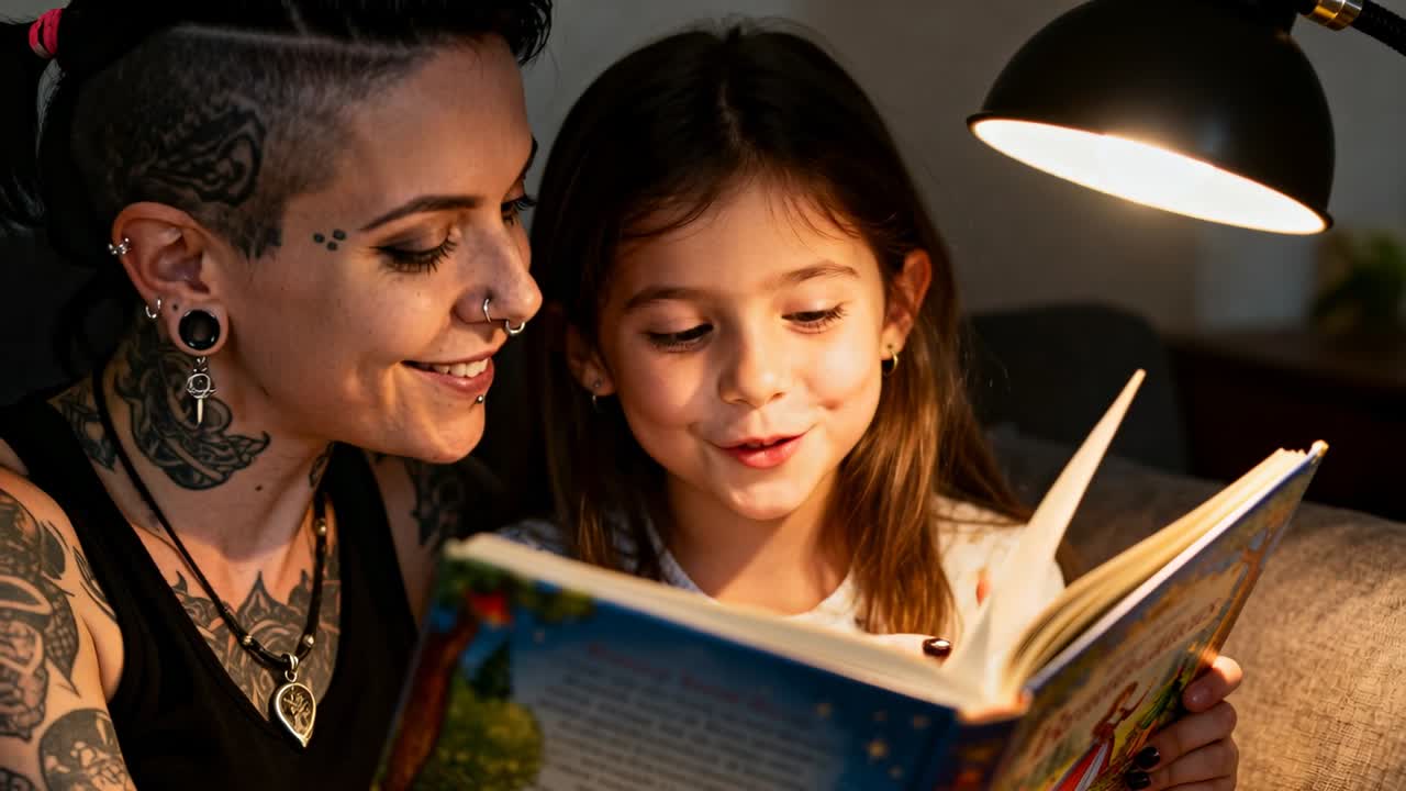 Vertikales Video: Ein Erwachsener öffnet ein Buch und leitet ein Kind beim Lesen an, während sie unter einer Lampe lächeln austauschen.