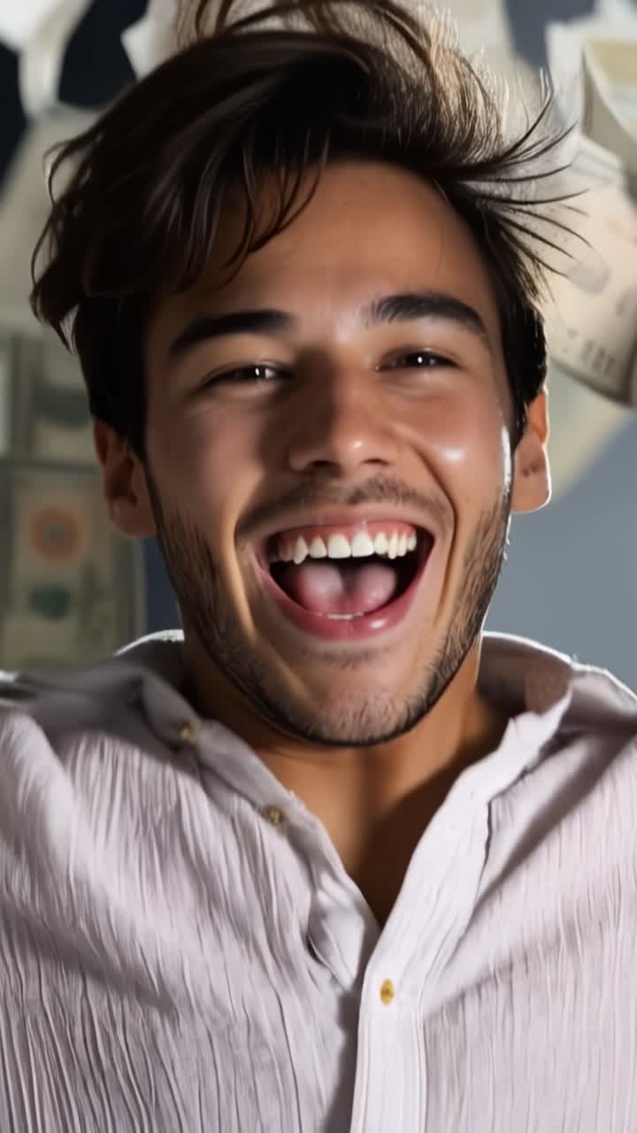 Giovane uomo gioioso che sorride con entusiasmo in un ambiente luminoso circondato dalla luce, catturando un momento di felicità e celebrazione in stile ritratto.