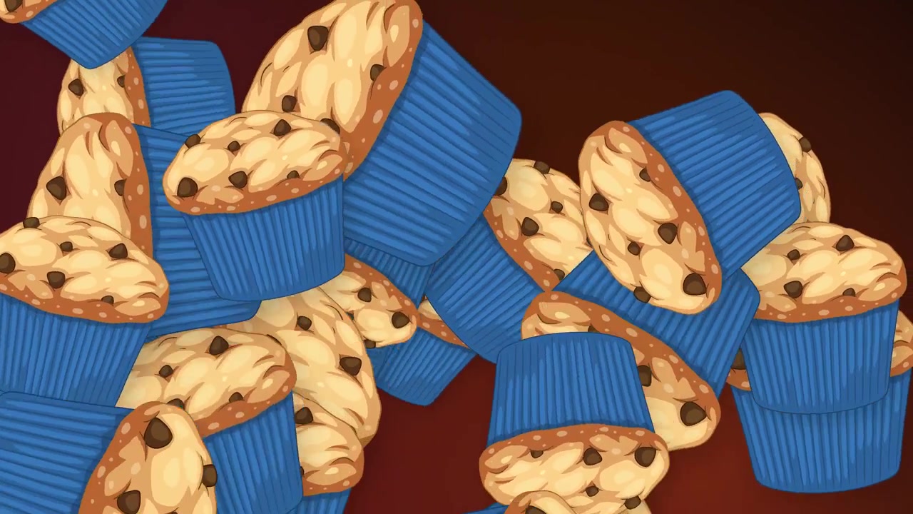 Cartoon chocolate chip muffins in blue liners float and tumble across a dark red background.