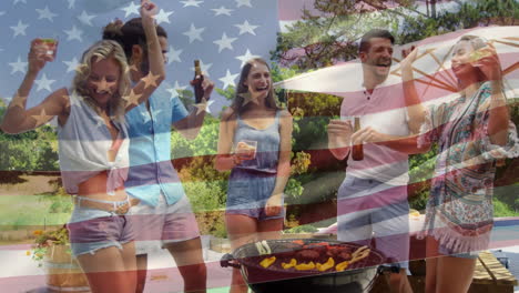 group of friends having a picnic and an american flag for fourth of july.