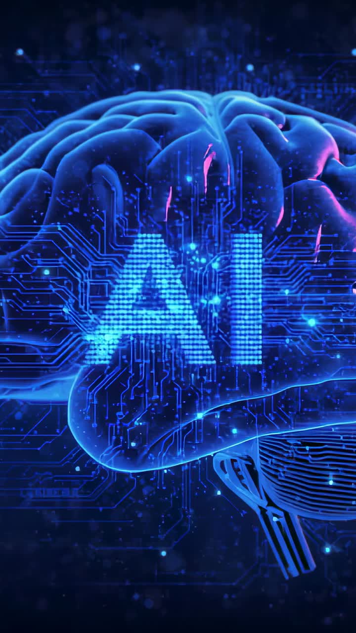 Vertical video: Starting neon brain moving left to center at holo lab, showing AI label and traces