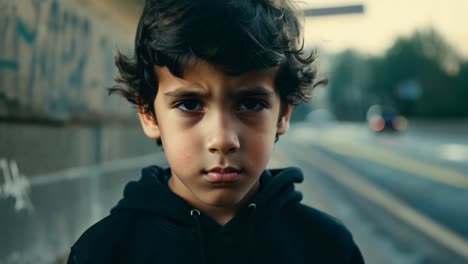 close up of a young boy with a serious expression on his face. he is standing in front of a blurred urban background with cars