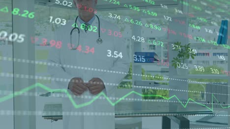 animation of stock market data processing over caucasian male doctor smiling at hospital