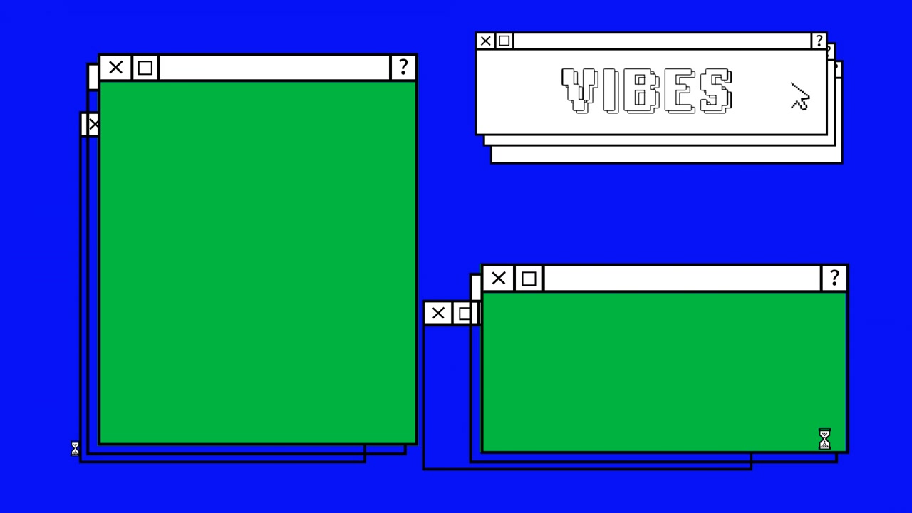 Animazione di finestre dello schermo del computer e testo "vibes" su sfondo blu