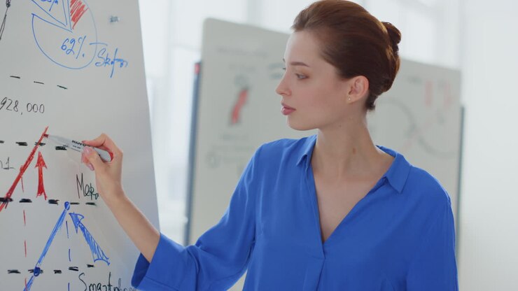 Businesswoman analyzing data in meeting room. Lady drawing on flip chart inside