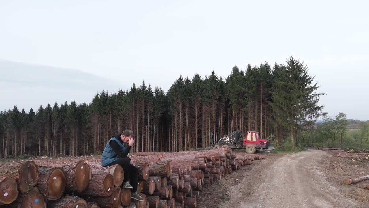 Lonely lumberjack sitting alone in sorrow after cutting tree in forest causing deforestation, global warming and climate change on planet earth