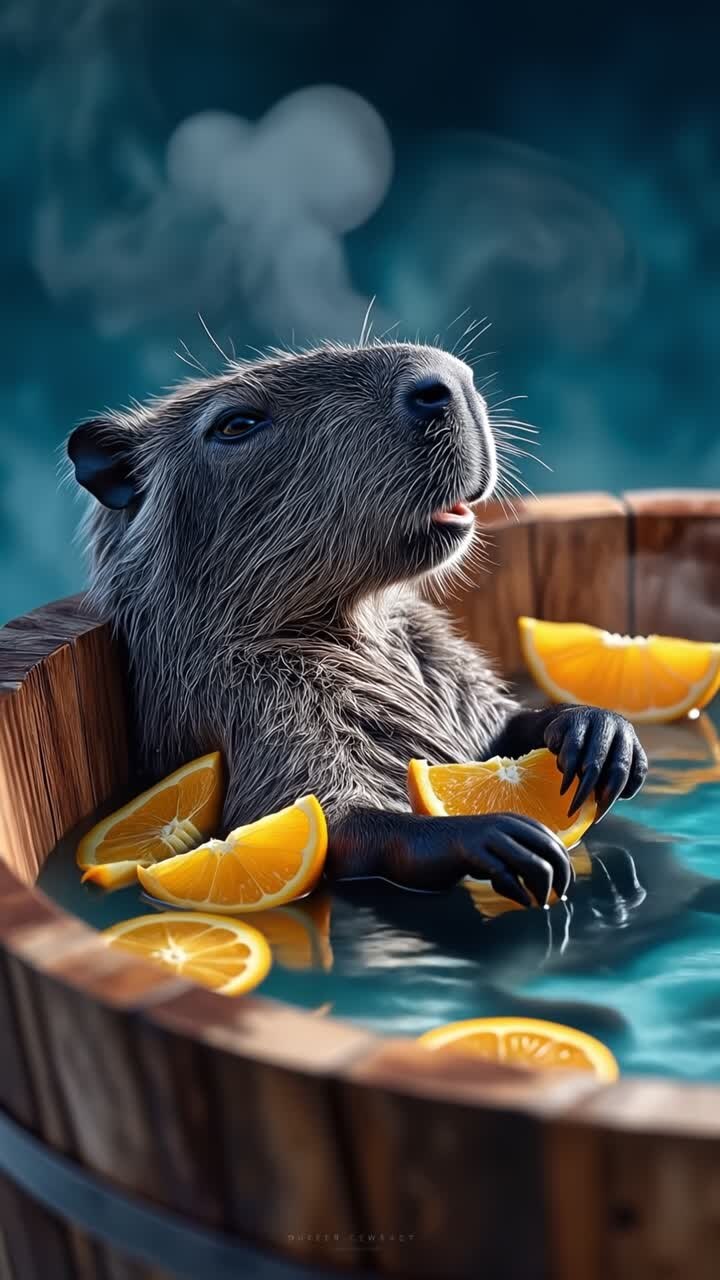 Capibara adorable relajándose en una bañera de hidromasaje de madera llena de rodajas de naranja fresca y agua tibia