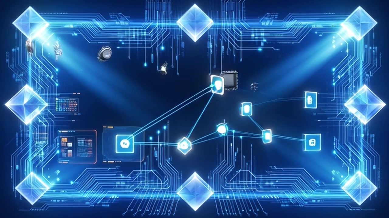 Digital Technology Interface with Circuit Board Frame and Floating Icons