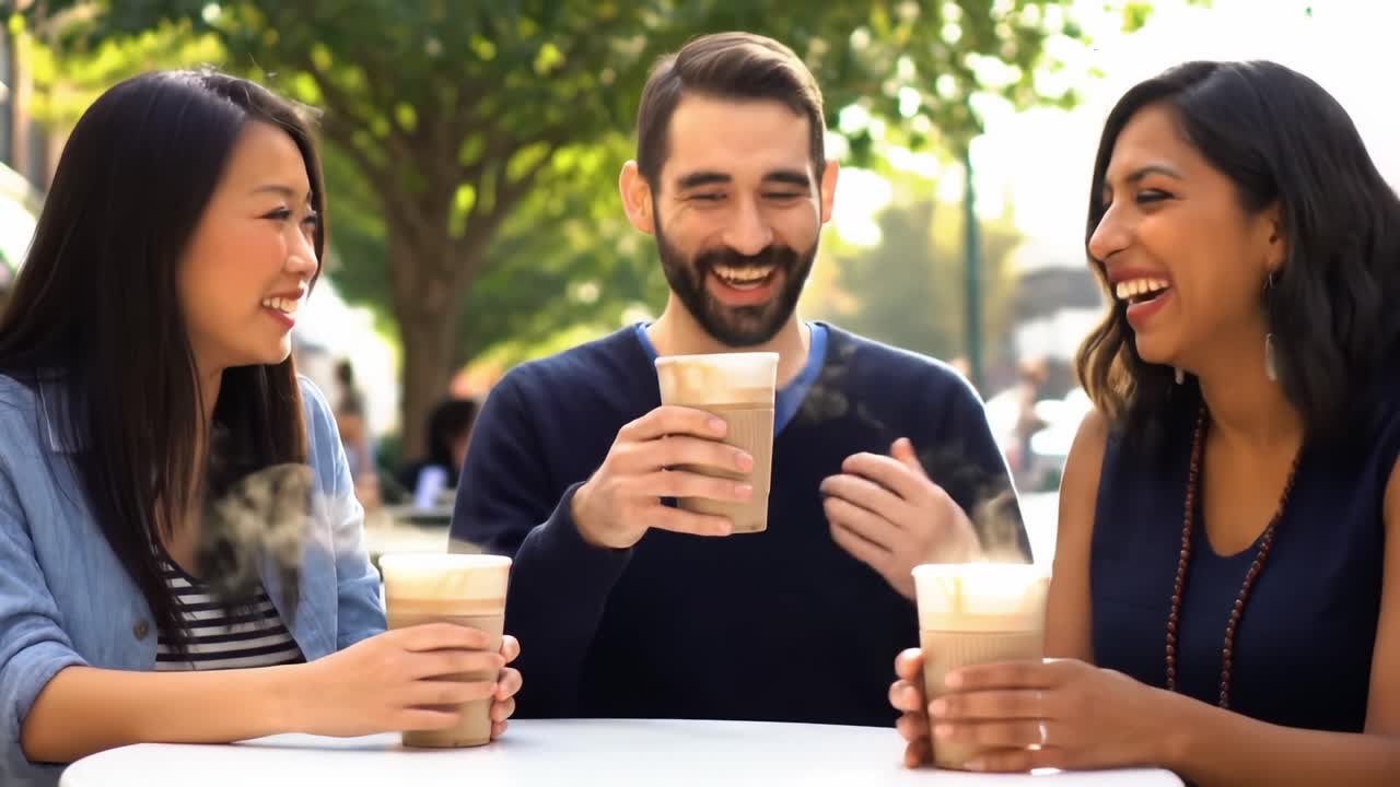 Cheerful Trio Enjoying Iced Drinks in a Vibrant Outdoor Setting, Sharing Laughter and Meaningful Conversations on a Beautiful Day