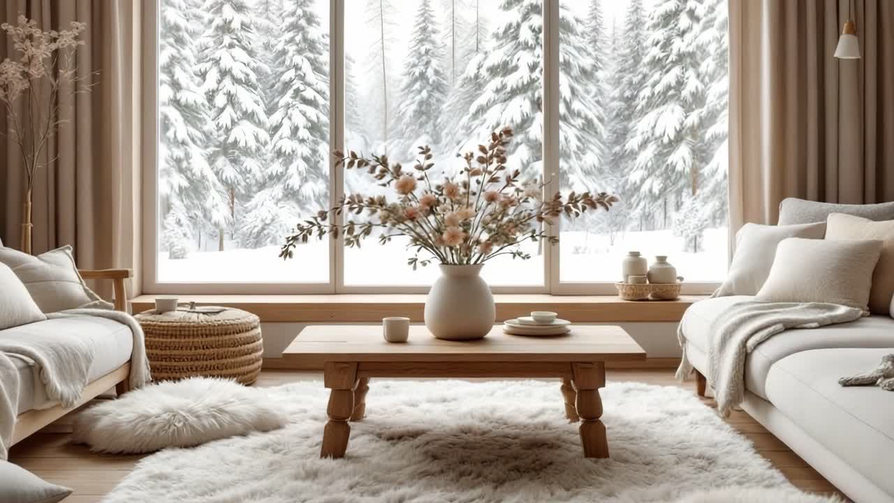 Cozy living room scene transitions through winter ambiance, showcasing soft textures, natural elements, and a warm atmosphere with a beautiful snowy backdrop