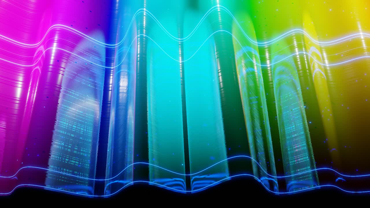superficie 3d abstracta con hermosas olas, chispas luminosas y gradiente de color brillante, colores del arco iris. las olas corren en una superficie muy brillante y brillante con brillo brillante y líneas de brillo. animación en bucle de 4k