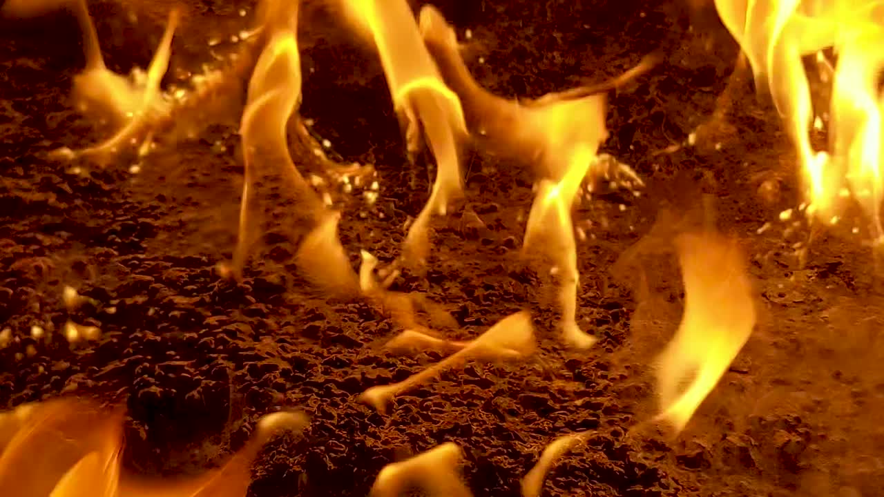 기름에 흠뻑 젖은 땅 위에서 반짝이고 딱딱거리는 강렬한 불꽃을 닫습니다