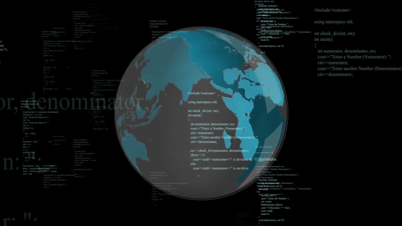 Digital globe being animated in dark backdrop, with floating C++ code snippets in 3D render