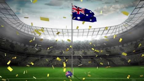 golden confetti falling over waving australia flag against sports stadium in background