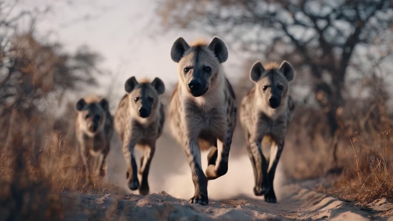 A Dynamic Encounter: A Pack of Hyenas in Motion, Capturing Their Unique Behavior and Social Dynamics in a Stunning Natural Setting