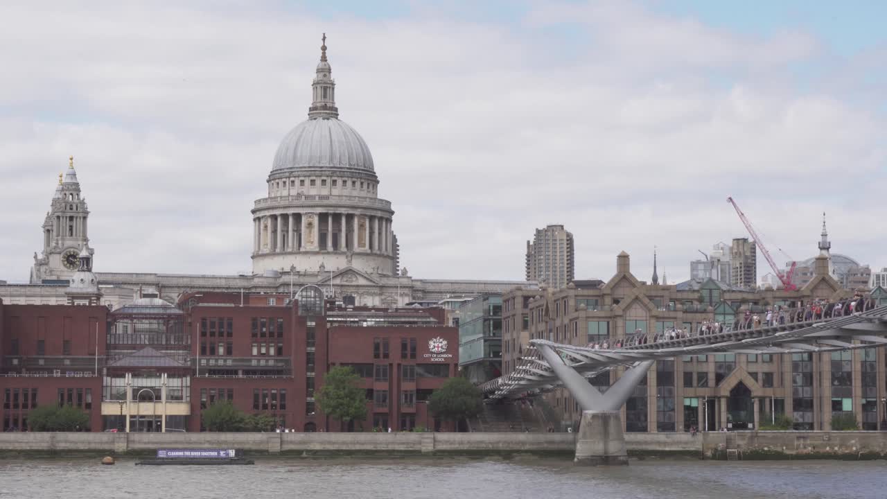 London St. Pauls Cathedral and Millennium bridge full of people, zoomed stable shot