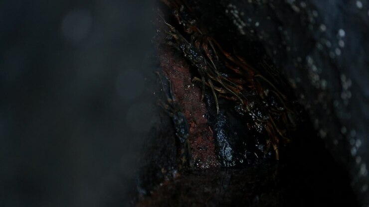 Group of crabs hides in the rocks