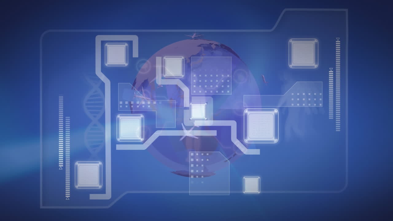 Animation af glødende firkanter med bevægelige linjer over roterende globus og helix DNA i baggrunden