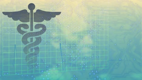 animation of medical symbol and heart rate monitor over spinning human head model on blue background