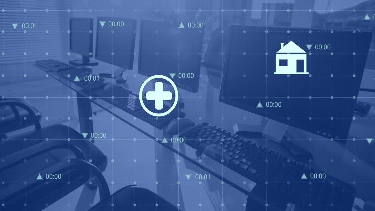 animación de iconos, estadísticas y procesamiento de datos financieros en el escritorio de la oficina.