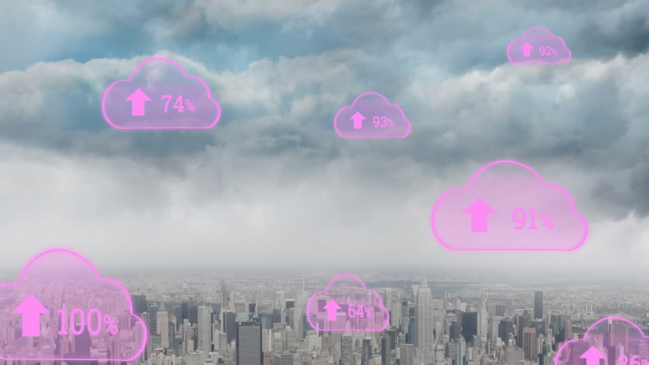 animación de nubes y porcentaje de crecimiento sobre el paisaje urbano