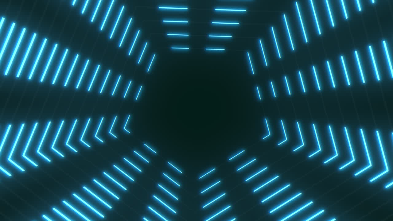 Tunnel neon sci-fi astratto con barre luminose blu incandescenti che formano un corridoio geometrico e un centro scuro, ideale per tecnologia, cyber, realtà virtuale e motion design.