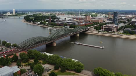 aerial view of the hohenzollern bridge over the rhine river in düsseldorf, germany