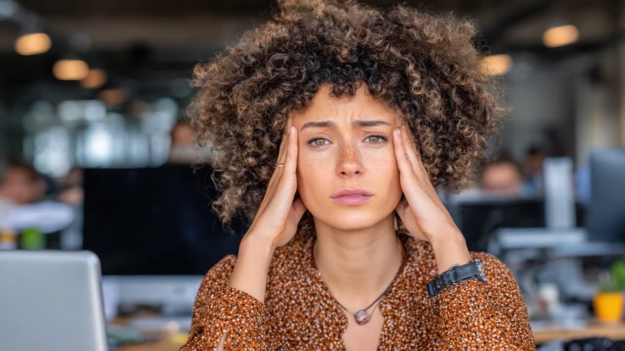 A Young Woman in an Office Environment Expressing Stress and Frustration, Struggling to Focus While Dealing with Work Pressure and Overwhelm