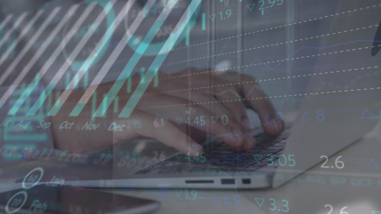 Animation of financial data processing over man using laptop