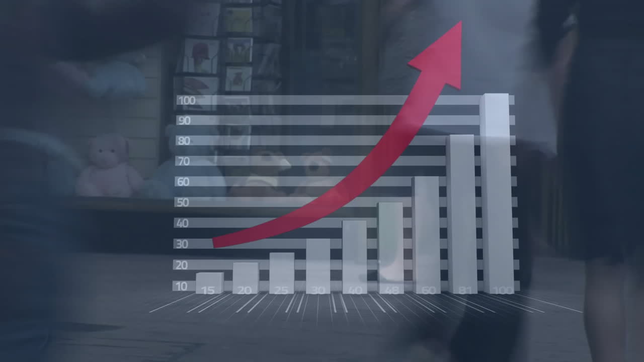 Bar chart with upward arrow animation over people walking in urban area